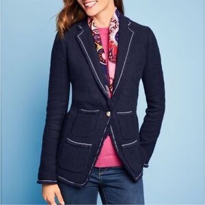 Talbots Navy Textured Knit Blazer with White Contrast Trim